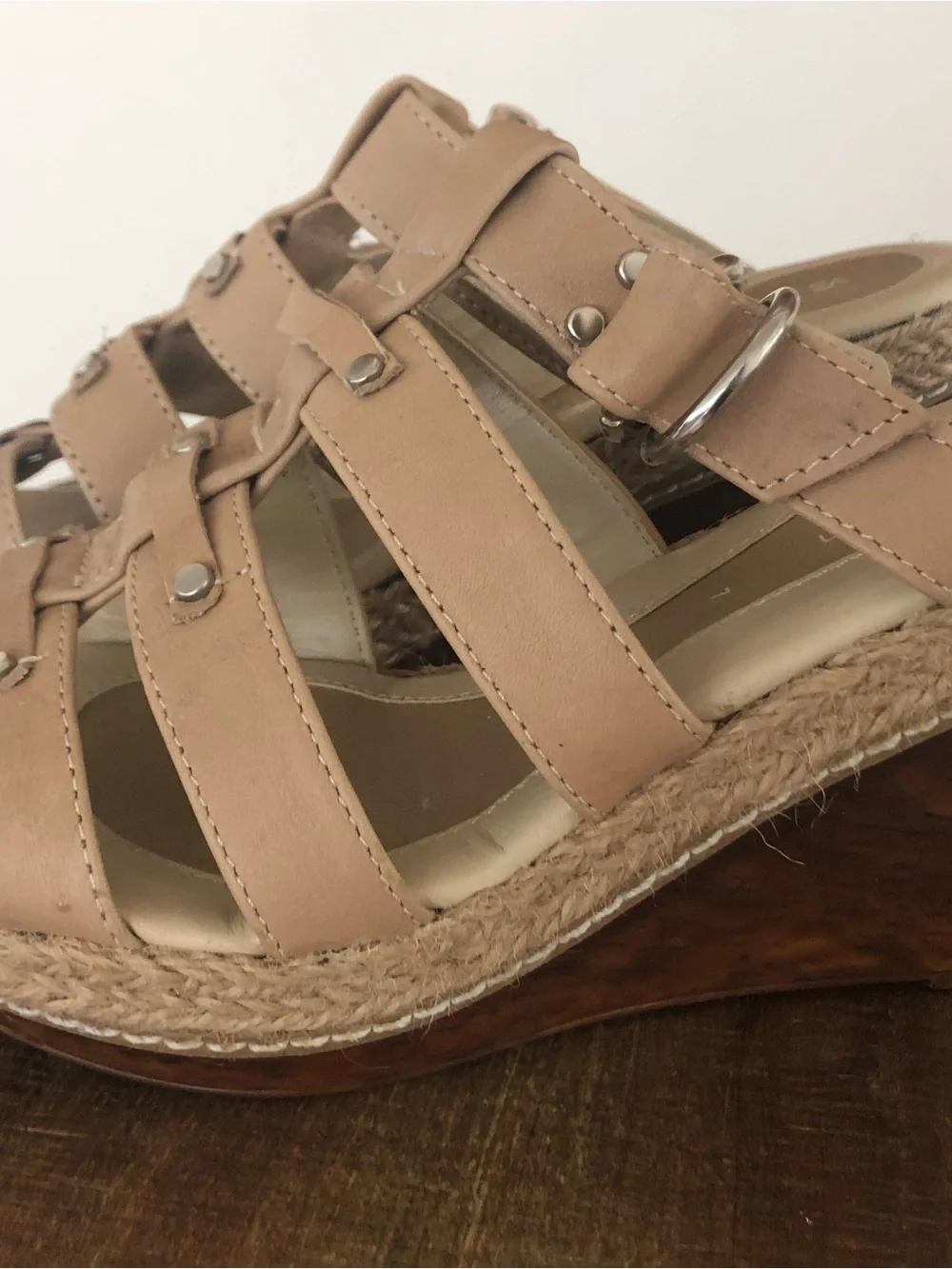 Women's Tan Leather Strappy Wedge Sandals